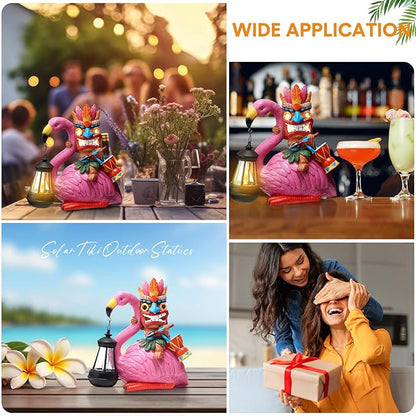 Gerrii Solar Tiki Statue Outdoor Light Decoration Tiki Bar Garden Statues 11'' Resin Waterproof Flamingo Figurines for Garden, Patio, Balcony, Yard, Lawn Ornament