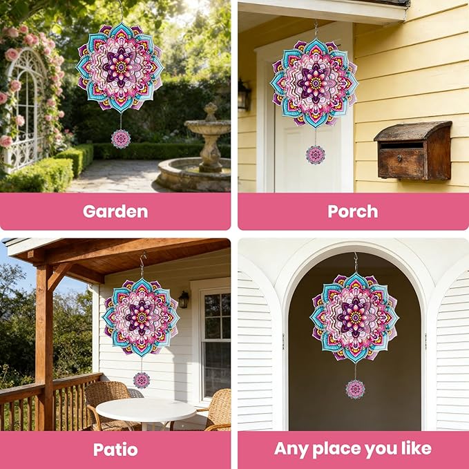 Wind Spinners Outdoor Flower Boho, 12 inch Laser Cut Metal Art Geometric Pattern Wind Spinners Hanging Kinetic for Yard, Garden, Patio, Outdoor - Craft Decor Birthday Gifts for Women, Men, Mom