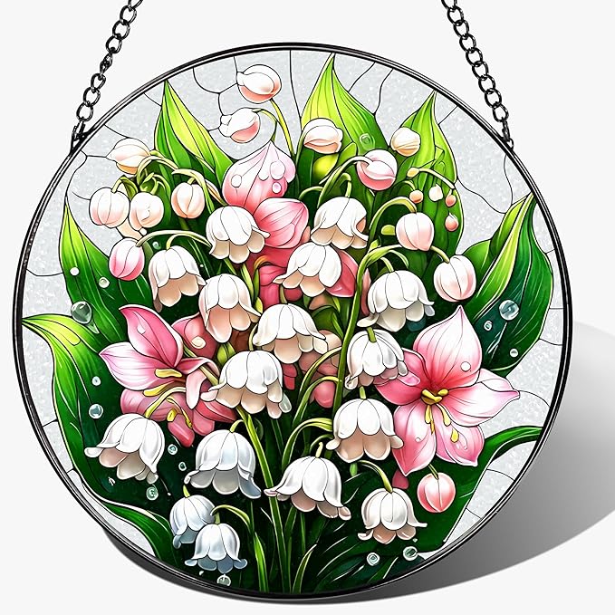 8-Inch Stained Glass Ornament, Stained Glass Window Hanging, Window Hanging Decor Suncatcher, The Valley Lily Flower Ornament | Holiday, Mother's Day, Birthday | Gifts for Flower Lovers, Mom & Grandma