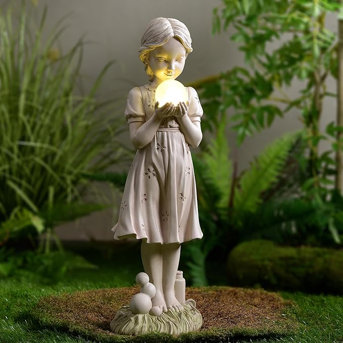 Hi-Line Gift Ltd. Girl Holding Bubble Lighted Garden Statue Solar Powered LEDs