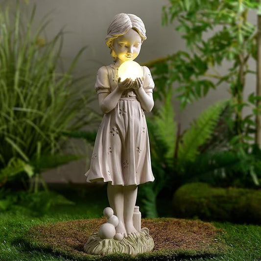 Hi-Line Gift Ltd. Girl Holding Bubble Lighted Garden Statue Solar Powered LEDs