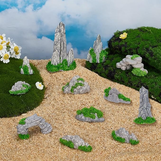 FINGERINSPIRE 12PCS Small Rockery Ornament 12 Style Resin Mini Rockery Decoration Mini Zen Garden Accessories Miniature Mountain for Bonsai Aquarium and Tabletop Display
