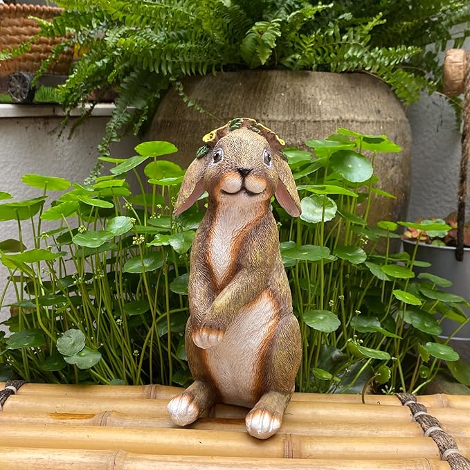 Bunny Outdoor Statues, Resin Rabbit Yard Statue Home Garden Decoration Adorable Bunny Statues Wearing Flower Crown, Outdoor Bunny Statue Lucky Rabbit Mom Gifts