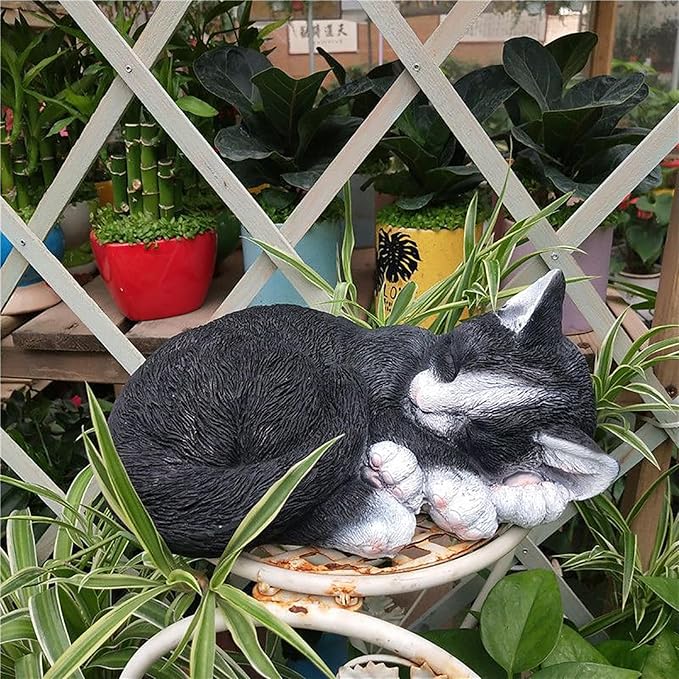 Realistic Cat Garden Outdoor Statue, Sleeping Kitten Figurines Sculpture Decoration for Patio, Yard, Porch Lawn Ornament, Office Home Art Décor Cat Memorial Stone (Black)