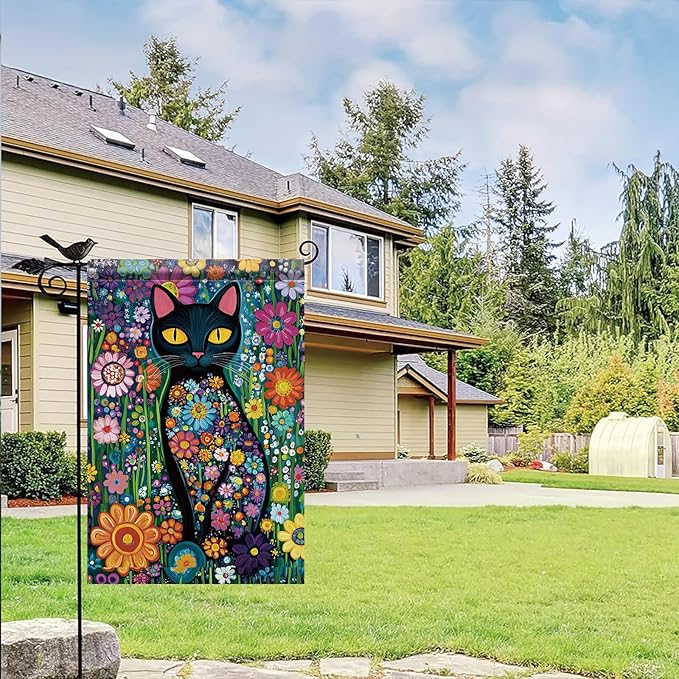 Spring Summer Garden Flag 12x18 Inch Black Cat Colorful Floral Art Design Outdoor Yard Porch Lawn Garden for Seasonal Farmhouse Boho Home Decor