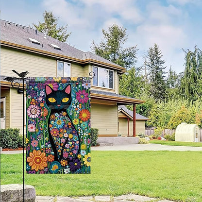 Spring Summer Garden Flag 12x18 Inch Black Cat Colorful Floral Art Design Outdoor Yard Porch Lawn Garden for Seasonal Farmhouse Boho Home Decor