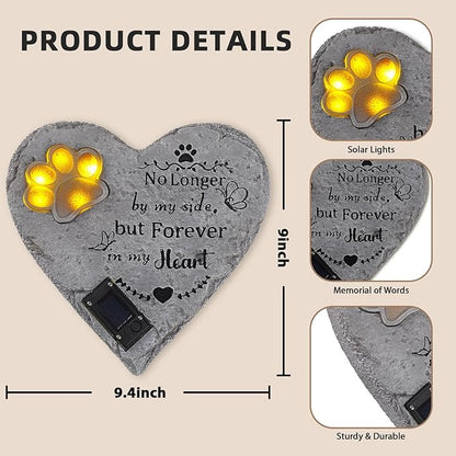 Pet Memorial Stone Solar Lighted Glowing Paw Print Heart Statue with Forever in My Heart Engraved, Pet Headstones for Dogs Cats Waterproof Resin Loss of Dog Sympathy Gift, 10 Inch