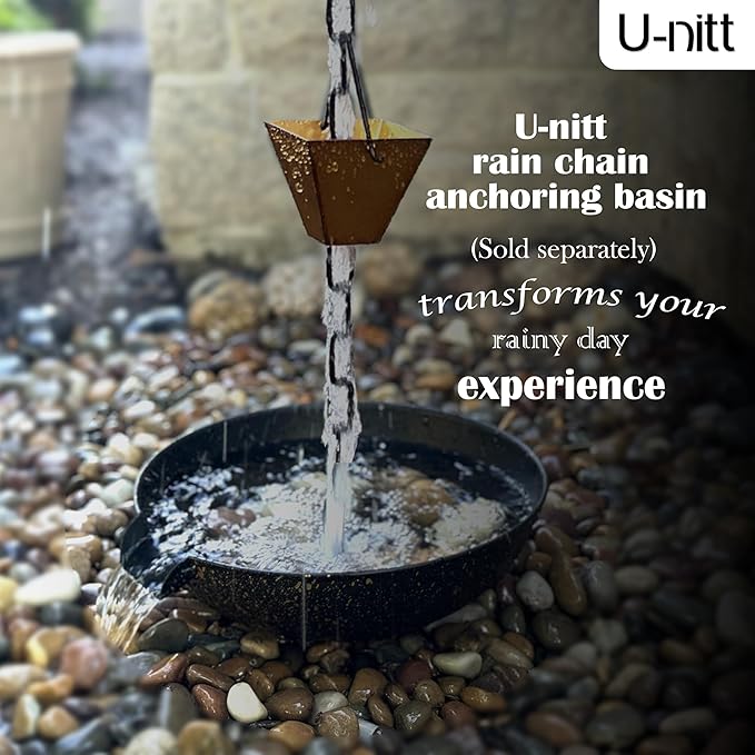 U-nitt Rain Chain Water Collection for Gutters Rainwater Catcher & Diverter, 8.5 FT Chains for Outside Garden, Golden Square Cups, Roof Downspout, Works with Heavy Rain, w/Gutter Clip for Rainchains