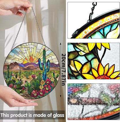 Bimkole Cactus Stained Glass Suncatcher Window Hanging - Plants Indoor Window or Doorway Decoration - Handmade Sun Catcher Decor for Garden Home Christmas & Birthday Gifts 7.87x7.87 Inch