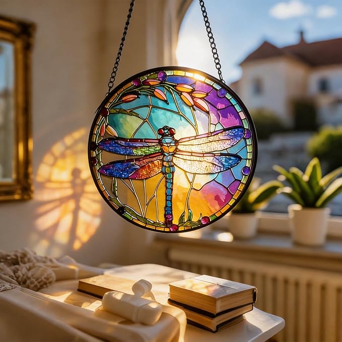 Stained Glass Sun Catcher,Dragonfly Glass Window Hanging Garden Decor,Sun Catchers Indoor Window,Whimsical Decoration for Home Backyard Patio Lawn Porch with 9.8 INCH