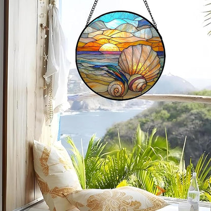 Stained Glass Window Hanging - Colorful Beach Shells Conch Sun Catcher for Door Home Decor Ocean Suncatcher Christmas Mother's Day Birthday Sea Lover Gifts for Women Men Mom Nana 9.8 in