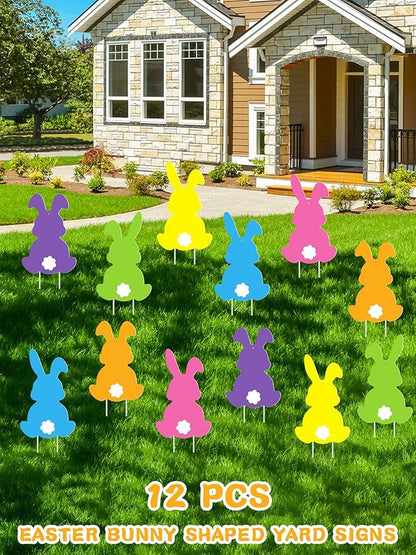 12Pcs Easter Yard Signs Outdoor Decorations Pastel Easter Bunny shaped Yard Signs with Stakes Cute Colorful Bunny Yard Decorations for Garden Lawn Home Party Supplies (12 Pcs Bunnies)