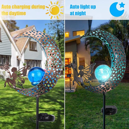 Bshine Moon Solar Light Outdoor Garden Decoration, Moon Fairy Garden Statue Decor,Metal Waterproof Light Stake for Patio, Path, Yard and Lawn Ornament, Housewarming Gift for Mom,Blue