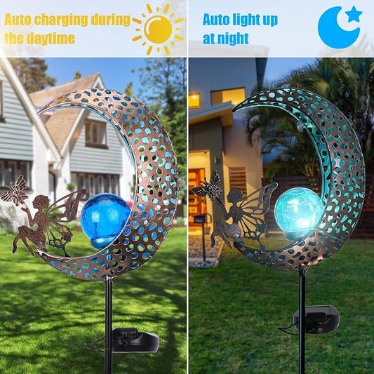 Bshine Moon Solar Light Outdoor Garden Decoration, Moon Fairy Garden Statue Decor,Metal Waterproof Light Stake for Patio, Path, Yard and Lawn Ornament, Housewarming Gift for Mom,Blue