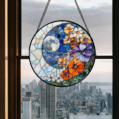 Stained Glass Window Hanging - Blue White Moon Suncatcher for Door Terrace Garden Home Decor Colorful Flowers Sun Catcher Birthday Gifts for Lovers Women Men Dad Mom Nana 6.3 in