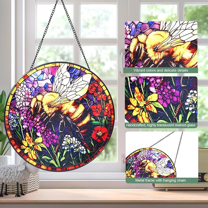 Bee and Flowers Stained Glass Window Hanging Suncatcher with Chain - 7.9" Outdoor/Indoor Art Decor for Home Garden, Wedding, Mother's, Thanksgiving, Valentine's & Christmas Ornaments Present