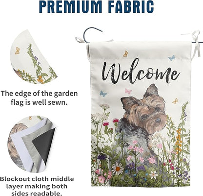 Floral Yorkie Garden Flag Spring Summer Yard Flag Flower Yorkshire Terrier Dog Garden Flags for Outside Small Outdoor Welcome Flags 12x18 Double Sided