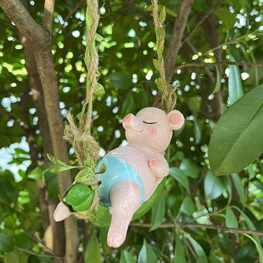 Swing Pig Figurine Statues for Garden Decor, Hanging Hammock Sleeping Pig Tree Hanger for Yard Garden Indoor Outdoor Home Decoration