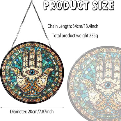 Hamsa Hand Stained Glass Window Hanging Hand of Fatima Sun Catcher Decor Protection Charm Suncatchers for Home Windows Hanging Decoration, 7.87inch