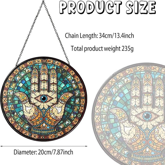 Hamsa Hand Stained Glass Window Hanging Hand of Fatima Sun Catcher Decor Protection Charm Suncatchers for Home Windows Hanging Decoration, 7.87inch