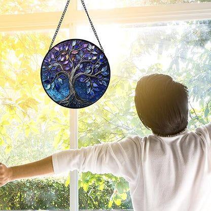 DASTOLL Stained Glass Window Hanging, Blue Purple Tree of Life Sun Catchers Colorful Glass Panel Plants Suncatcher Decor for Birthday for Women,Men,Wife, Lovers, and Mom 6.3 in