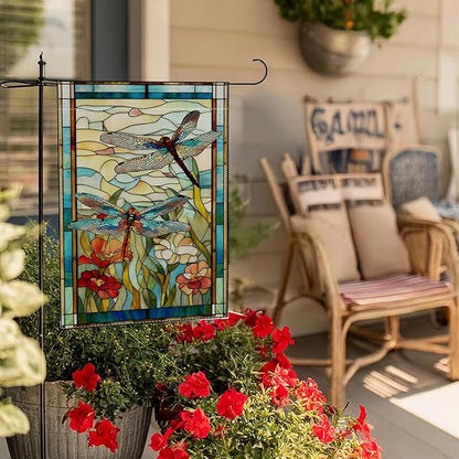 Garden Flags, Dragonfly Garden Flag, Stained Glass Style Dragonfly Floral Flag Double-Sided Flags for Farmhouse Yard Outdoor Decoration-12 x 18inch (Dragonfly)
