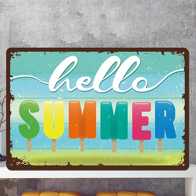 Hello Summer Door Sign Farmhouse Summer Decor Vintage Metal Sign for Home Wall Front Door Decorations 8x12 Inches
