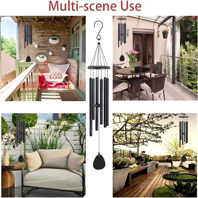 Metal WindChimes for Outside, 6 Tubes - 32 Inch Black Windchime, Weatherproof & Rustproof Outdoor Wind Chimes, Garden, Patio, Porch - Soothing Decorative Wind Chime, Unique Gift Idea