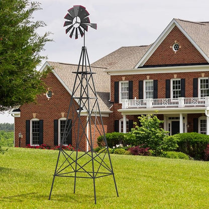 DREAMADE 8ft Steel Windmill, Farmhouse Windmill Decoration with Directional Vane, 4 Anchoring Stakes & Reinforced Base, Weather-Ready Garden Spinner for Backyard, Garden, Patios, Rural Areas (Grey)