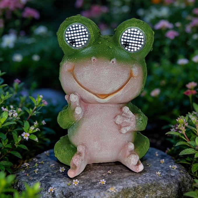 Solar Frog Garden Statue with LED Blinking Moving Eyes, Resin Solar Powered Outdoor Frog Decor, IP65 Waterproof Frog Statue for Garden Yard Patio Lawn Porch, Funny Garden Gift for Mom