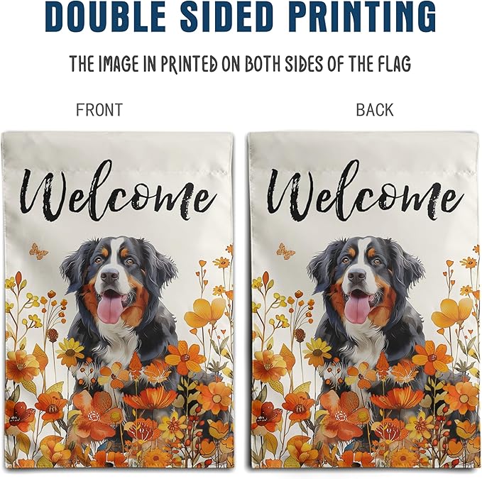 Bernese Mountain Fall Garden Flag Autumn Dog Yard Sign Orange Floral Thanksgiving Outdoor Banners for Outside 12x18 Double Sided Small Wild Flower Lawn Decorations