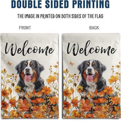 Bernese Mountain Fall Garden Flag Autumn Dog Yard Sign Orange Floral Thanksgiving Outdoor Banners for Outside 12x18 Double Sided Small Wild Flower Lawn Decorations