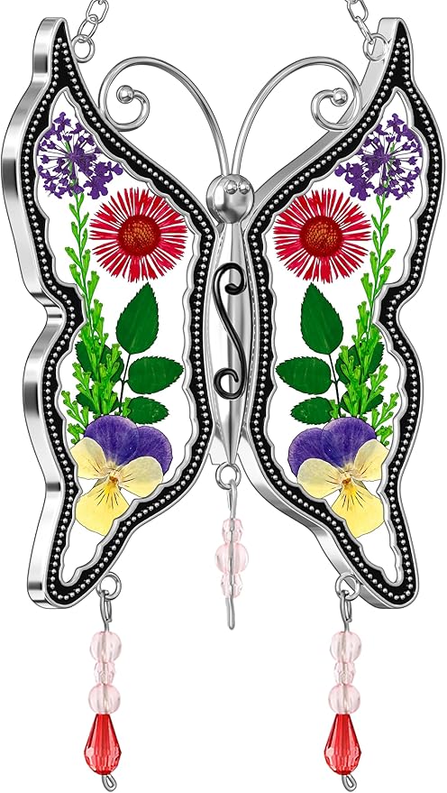 KY&BOSAM Butterfly Suncatchers DIY Stained Glass Suncatcher for Windows Ornament Wind Chime with Pressed Flower Embedded in Glass Birthday Gifts for Mom Mother`s Valentine's Day