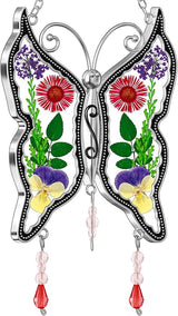 KY&BOSAM Butterfly Suncatchers DIY Stained Glass Suncatcher for Windows Ornament Wind Chime with Pressed Flower Embedded in Glass Birthday Gifts for Mom Mother`s Valentine's Day