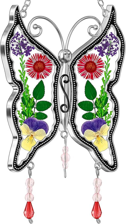 KY&BOSAM Butterfly Suncatchers DIY Stained Glass Suncatcher for Windows Ornament Wind Chime with Pressed Flower Embedded in Glass Birthday Gifts for Mom Mother`s Valentine's Day