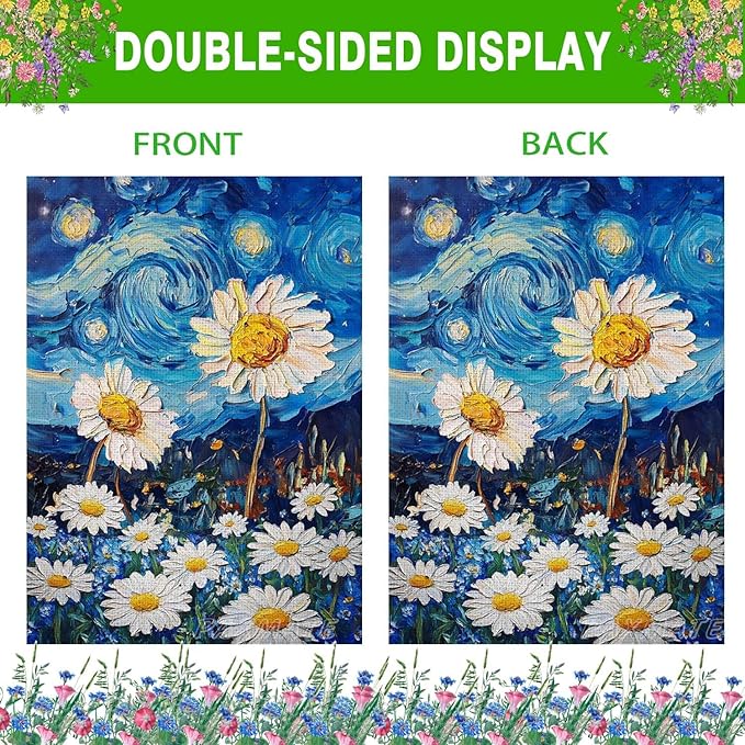 Spring Summer House Flag 28x40 Inch Double Sided Starry Night Daisy Flowers Large Burlap Yard Flag Seasonal Farmhouse Outdoor Outside Decoration