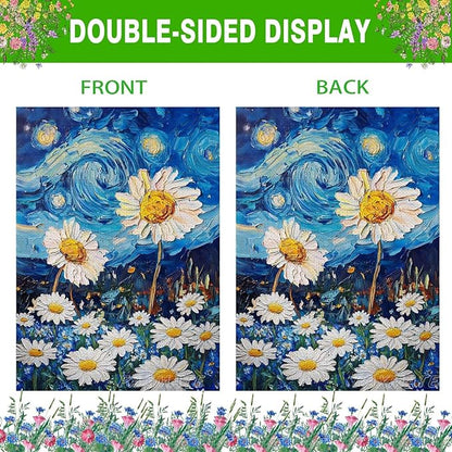 Spring Summer House Flag 28x40 Inch Double Sided Starry Night Daisy Flowers Large Burlap Yard Flag Seasonal Farmhouse Outdoor Outside Decoration