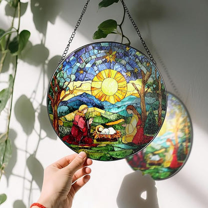 8'' Stained Glass Suncatcher Decor, Window Hanging, Nativity Scene Ornament, Religious Christmas Ornaments, Christian Holiday Decor, Gifts for Christmas, Christian Gift, Religious Gift