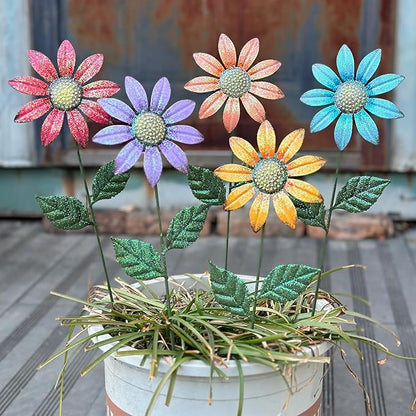 HUTHDAK Metal Flowers for Outside,5 Pack 16.15" Decorative Garden Stakes with Swaying Flowers Head Yard Art,Spring Garden Decor for Lawn, Pathway & Yard