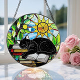Stained Glass Window Hanging, 8 Inch Black Cat on Book Stained Glass Suncatcher, Window Decor Hanging, Cat Lover Gifts, Reading Decor, Bookish Gift, Librarian Gift, Book Lover Gifts