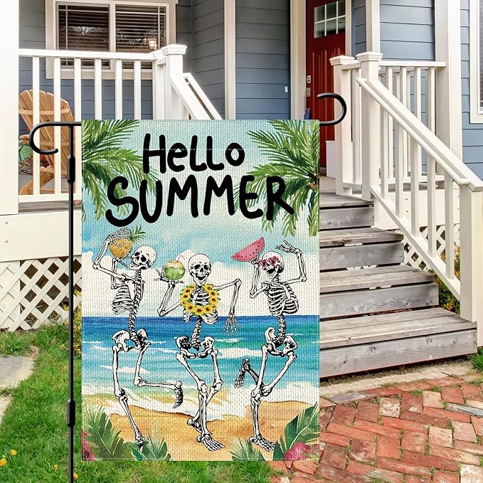 DLZDN Hello Summer Skeleton Garden Flag Funny Skull Garden Flag 12×18 Inch Double Sided Vertical Burlap Summer Coastal Seasonal Hawaii Tropical Ocean Yard Flag Outdoor Decoration