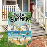 DLZDN Hello Summer Skeleton Garden Flag Funny Skull Garden Flag 12×18 Inch Double Sided Vertical Burlap Summer Coastal Seasonal Hawaii Tropical Ocean Yard Flag Outdoor Decoration