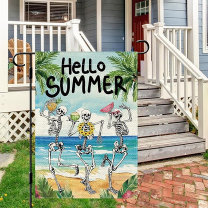 DLZDN Hello Summer Skeleton Garden Flag Funny Skull Garden Flag 12×18 Inch Double Sided Vertical Burlap Summer Coastal Seasonal Hawaii Tropical Ocean Yard Flag Outdoor Decoration