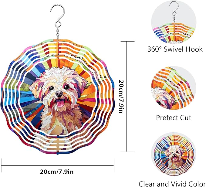 Maltese Dog Wind Spinner Pet Dog Memorial Gifts, Vibrant 3D Kinetic Aluminum Metal Yard Art, Loss of Dogs Sympathy Gifts, Hanging Outdoor Garden Decor, 8" Wind Sculptures for Patio, Porch (Maltese1)