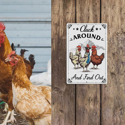 Putuo Decor Funny Chicken Sign Cluck Around And Find Out Metal Tin Sign Funny Wall Decor For Farmhouse Chicken Coop For Garden Decor Vintage Metal Tin Sign Plaque Outdoor Decor 12x8 Inch
