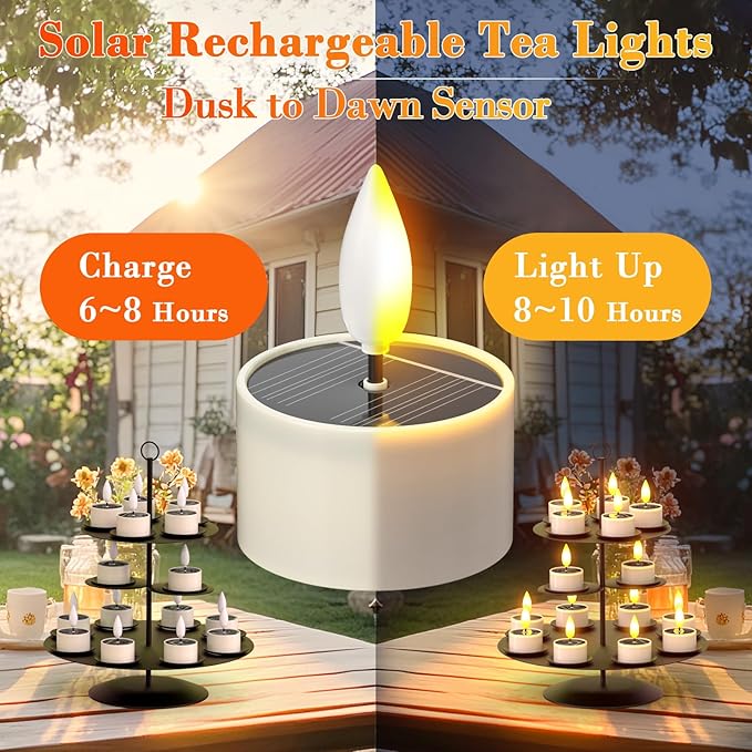 Yme Solar Tea Lights Outdoor Waterproof, 6 Pack Small Rechargeable Flameless LED Flickering Solar Candles with Dusk to Dawn Sensor, Votive Lights for Lanterns Garden Patio Hanging Wedding Party Decor