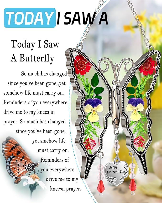 KY&BOSAM Gifts for Mom Butterfly Suncatcher Happy Mother's Day Stained Glass Sun Catchers for Windows Hanging Wind Chime Home Decor with Pressed Real Flowers and Heart Charm Gift for Women