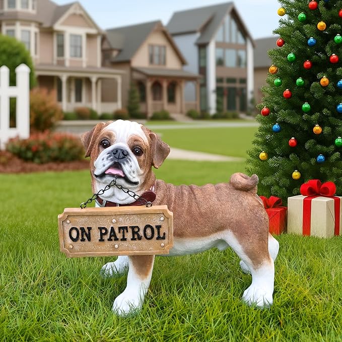 Pug Dog Garden Statue with Solar Lantern Light, Outdoor Bulldog Sculpture with Welcome & On Patrol Sign, Resin Animal Figurine for Patio Yard Lawn Porch Decor, Dog Lover Gifts