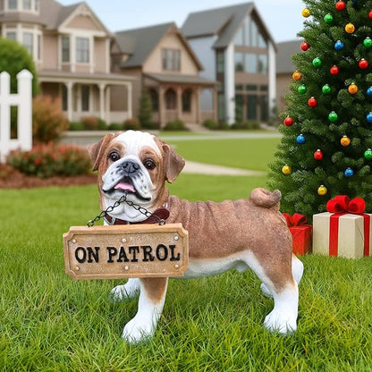 Pug Dog Garden Statue with Solar Lantern Light, Outdoor Bulldog Sculpture with Welcome & On Patrol Sign, Resin Animal Figurine for Patio Yard Lawn Porch Decor, Dog Lover Gifts