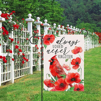 Artofy Spring Summer Cardinal Bird Memorial Small Decorative Garden Flag, Always Loved Never Forgotten Poppy Flower Yard Lawn Outside Decor, Cemetery Burlap Outdoor Home Decoration Double Sided 12x18
